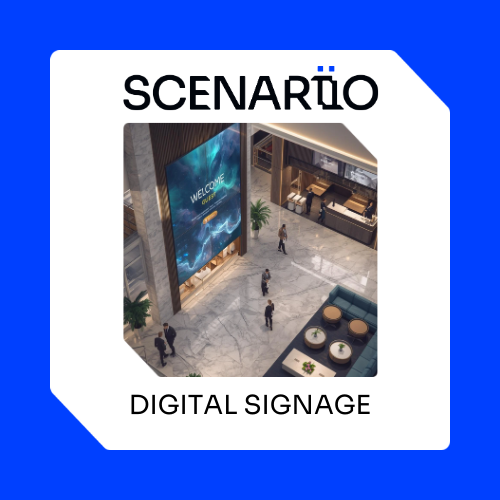 Scenariio logo and an image of a large reception area with a huge LED video wall greeting guests